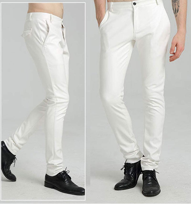 Idopy Men`s Pu Motorcycle Party Holiday Performance Faux Leather Pants Jeans White 32 - Image 2